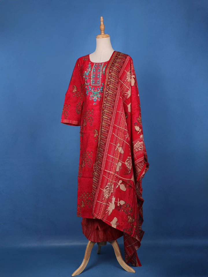 Carmine Red Floral Design Embroidered Semi Silk Salwar Suit - Diadem