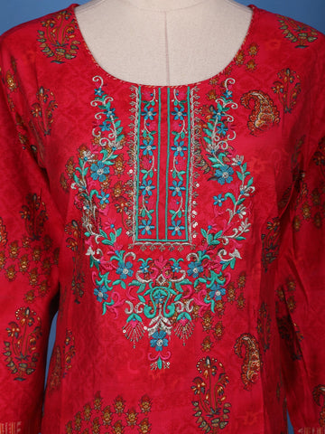 Carmine Red Floral Design Embroidered Semi Silk Salwar Suit - Diadem