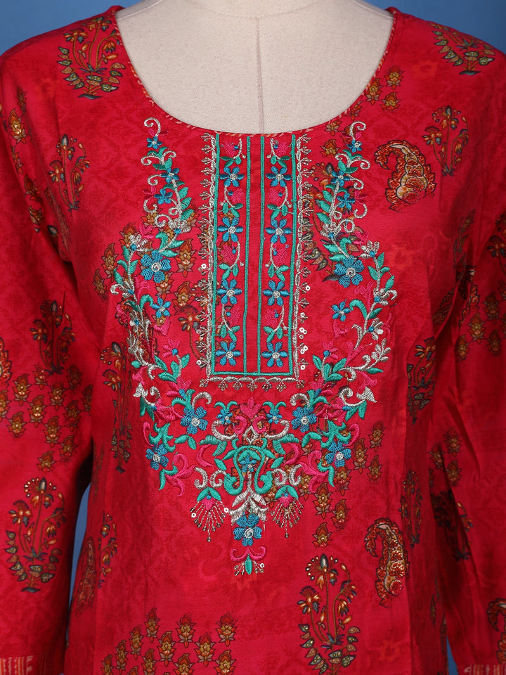 Carmine Red Floral Design Embroidered Semi Silk Salwar Suit - Diadem