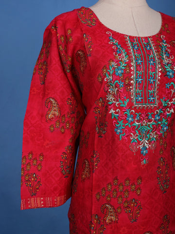 Carmine Red Floral Design Embroidered Semi Silk Salwar Suit - Diadem