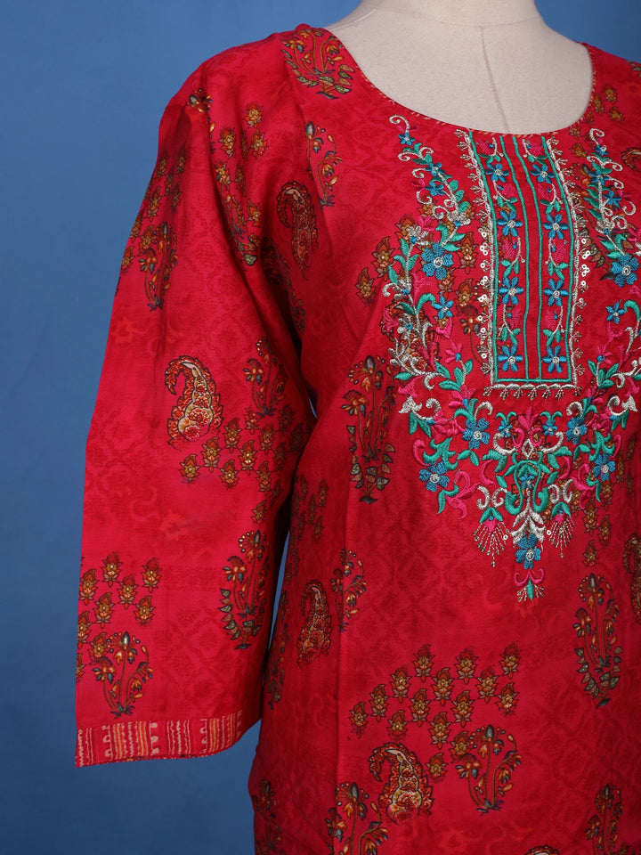 Carmine Red Floral Design Embroidered Semi Silk Salwar Suit - Diadem