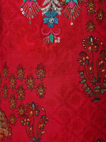 Carmine Red Floral Design Embroidered Semi Silk Salwar Suit - Diadem