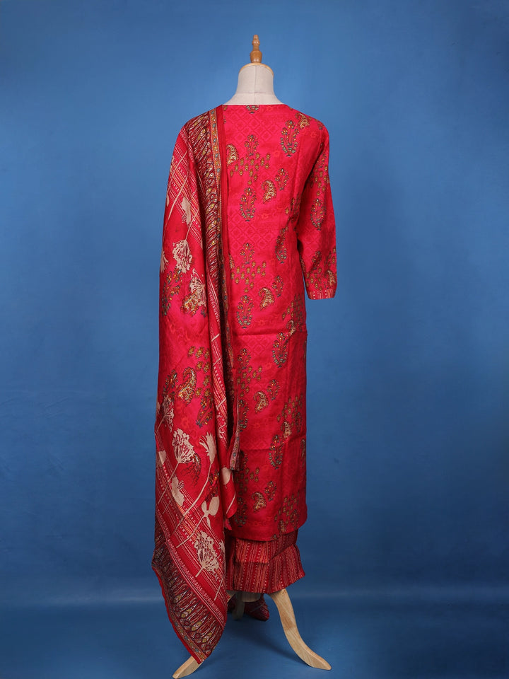 Carmine Red Floral Design Embroidered Semi Silk Salwar Suit - Diadem
