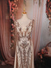Champagne Beige Abstract Sequins Embroidered Design Mermaid Sequins Fabric Party Wear Gown with Cape Sleeve