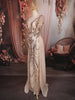 Champagne Beige Abstract Sequins Embroidered Design Mermaid Sequins Fabric Party Wear Gown with Cape Sleeve