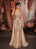 Champagne Beige Abstract Sequins Embroidered Design Mermaid Sequins Fabric Party Wear Gown with Cape Sleeve