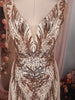 Champagne Beige Abstract Sequins Embroidered Design Mermaid Sequins Fabric Party Wear Gown with Cape Sleeve