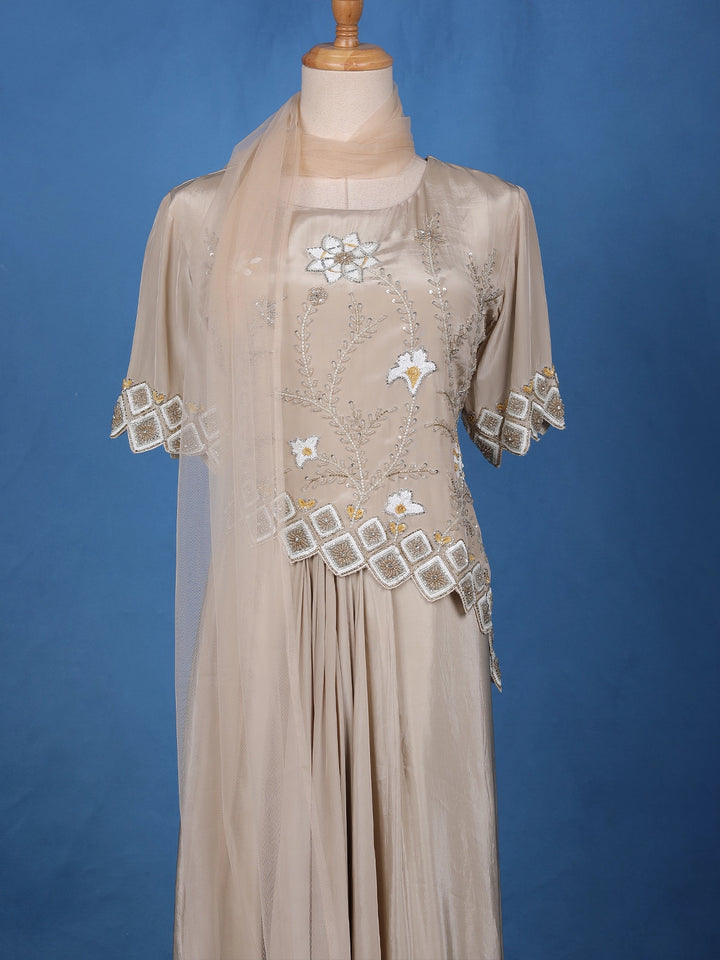 Champagne Beige Floral Sequins Embellished Crepe Skirt - Diadem