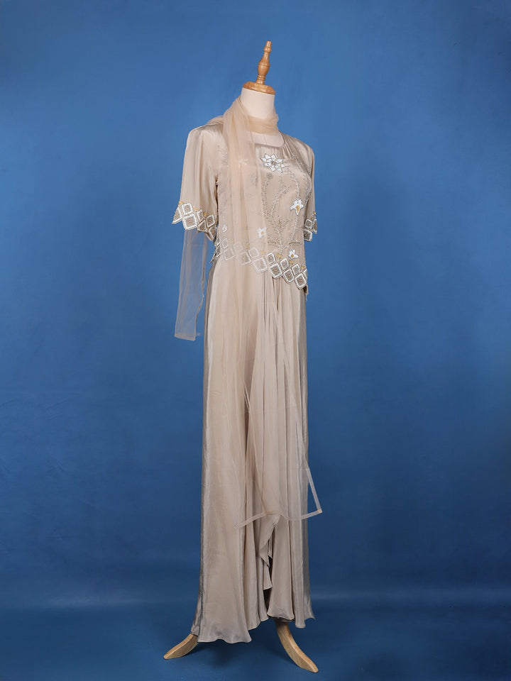 Champagne Beige Floral Sequins Embellished Crepe Skirt - Diadem
