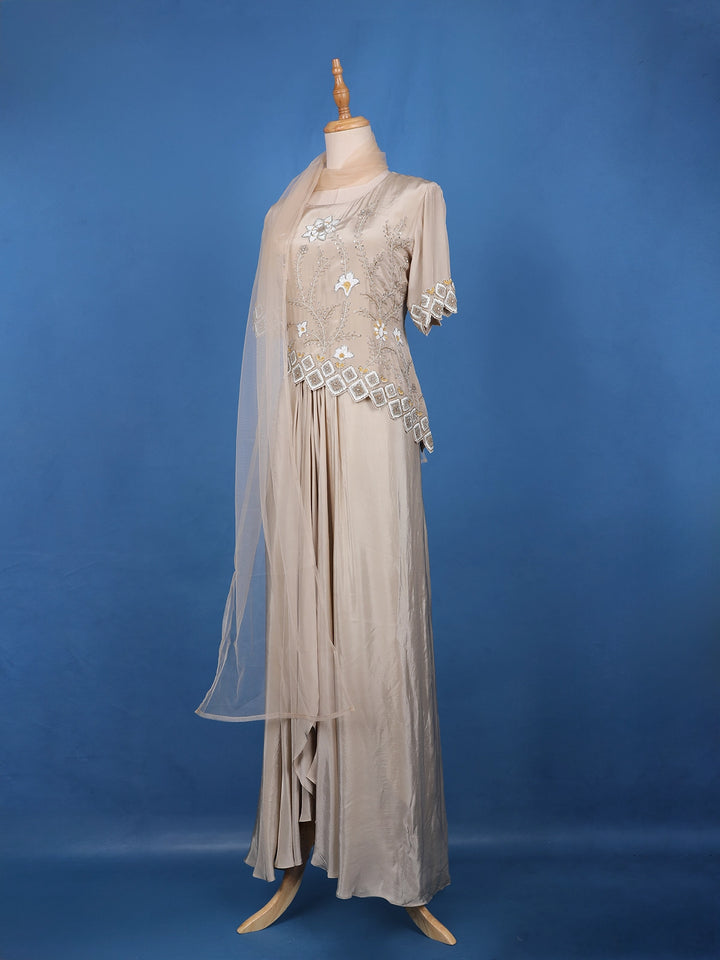 Champagne Beige Floral Sequins Embellished Crepe Skirt - Diadem