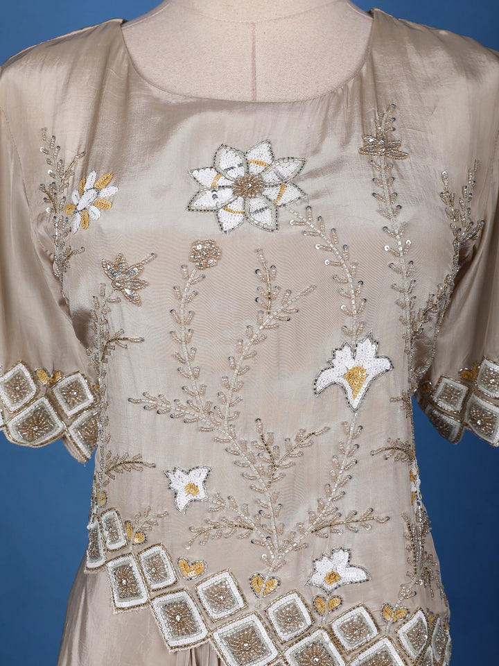 Champagne Beige Floral Sequins Embellished Crepe Skirt - Diadem