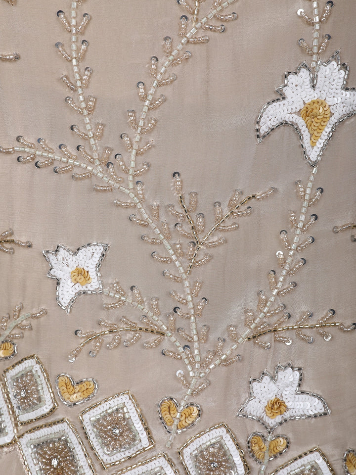 Champagne Beige Floral Sequins Embellished Crepe Skirt - Diadem