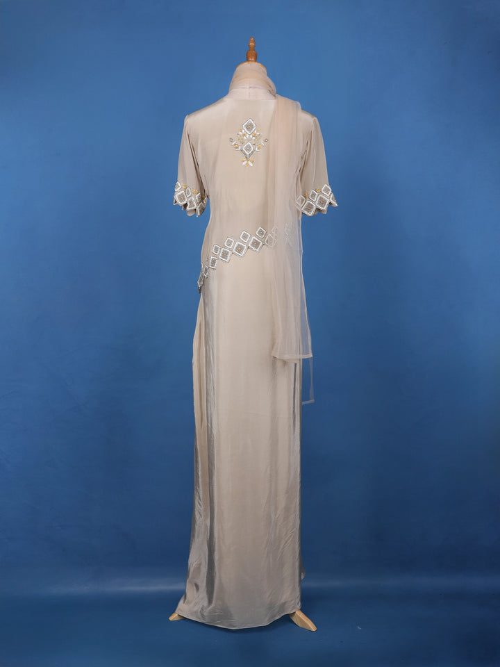 Champagne Beige Floral Sequins Embellished Crepe Skirt - Diadem