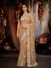 Champagne Beige Floral Vine Sequins and  Beads Embroidered Design Net Party Wear Saree with Designer Border