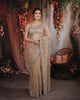 Champagne Beige Floral Vine Sequins and  Beads Embroidered Design Net Party Wear Saree with Scalloped Border