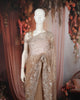 Champagne Beige Floral Vine Sequins and  Beads Embroidered Design Net Party Wear Saree with Scalloped Border