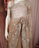 Champagne Beige Floral Vine Sequins and  Beads Embroidered Design Net Party Wear Saree with Scalloped Border