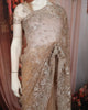 Champagne Beige Floral Vine Sequins and  Beads Embroidered Design Net Party Wear Saree with Scalloped Border