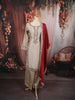 Champagne Beige Floral Zari Woven Design Raw Silk Party Wear Palazzo Suit with Contrast Designer Dupatta
