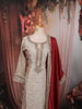 Champagne Beige Floral Zari Woven Design Raw Silk Party Wear Palazzo Suit with Contrast Designer Dupatta