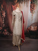 Champagne Beige Floral Zari Woven Design Raw Silk Party Wear Palazzo Suit with Contrast Designer Dupatta