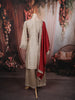 Champagne Beige Floral Zari Woven Design Raw Silk Party Wear Palazzo Suit with Contrast Designer Dupatta