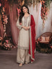 Champagne Beige Floral Zari Woven Design Raw Silk Party Wear Palazzo Suit with Contrast Designer Dupatta