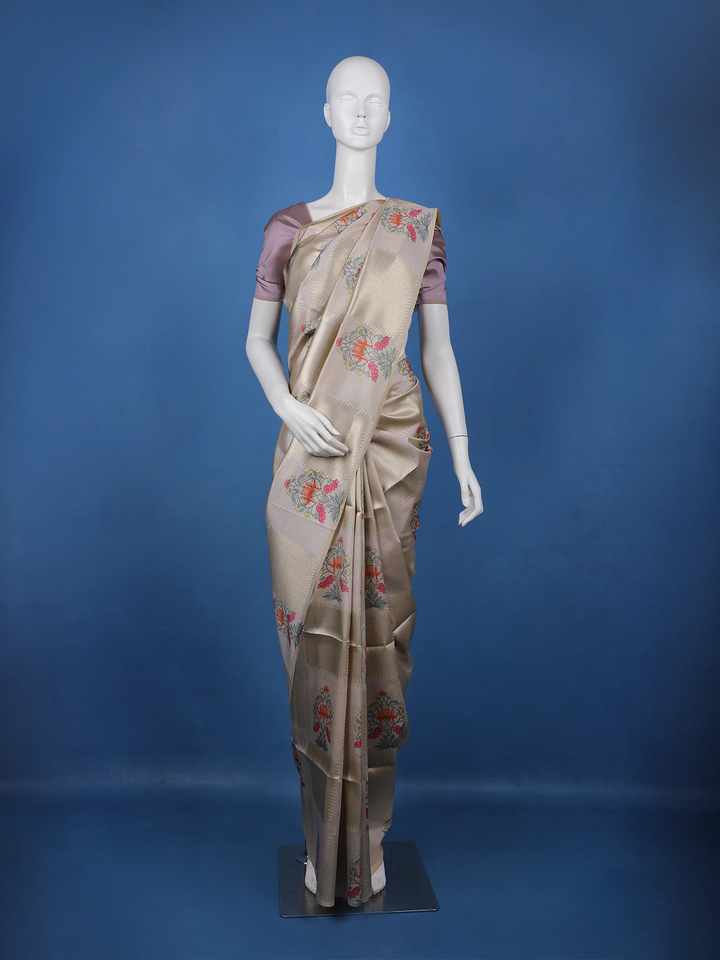 Champagne Beige floral Design Semi Tissue Saree - Diadem