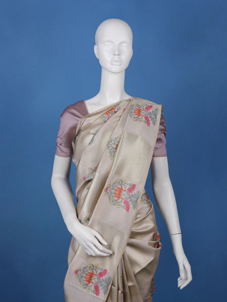 Champagne Beige floral Design Semi Tissue Saree - Diadem