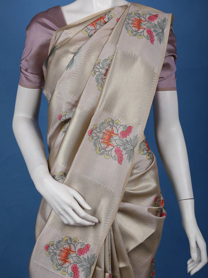 Champagne Beige floral Design Semi Tissue Saree - Diadem