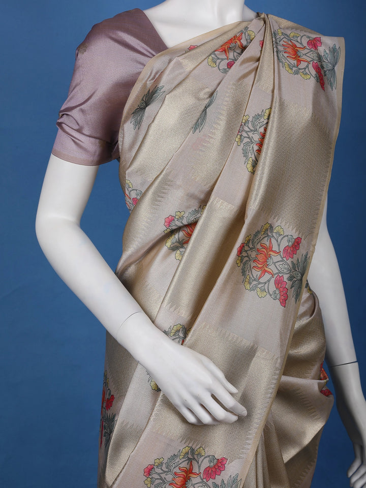 Champagne Beige floral Design Semi Tissue Saree - Diadem