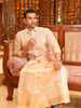 Champagne Cream Geometric Jacquard Woven Design Shirt with Gold Zari Border Matching Dhoti Set