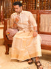 Champagne Cream Geometric Jacquard Woven Design Shirt with Gold Zari Border Matching Dhoti Set