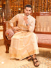 Champagne Cream Geometric Jacquard Woven Design Shirt with Gold Zari Border Matching Dhoti Set
