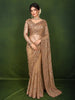 Champagne Gold All Over Floral Vine Sequins Embroidered Design Net Party Wear Saree with Matching Stitched Full Sleeve Designer Blouse
