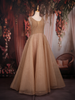 Champagne Gold Beaded Net Gown with Deep Neck