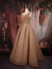 Champagne Gold Beaded Net Gown with Deep Neck