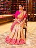 Champagne Gold Beige Floral Vine Zari Woven Design Pure Kanchipuram Silk Wedding Saree with Contrast Brocade Border