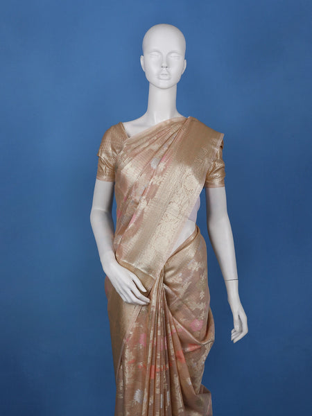 Champagne Gold Floral Design Semi Tissue Saree - Diadem