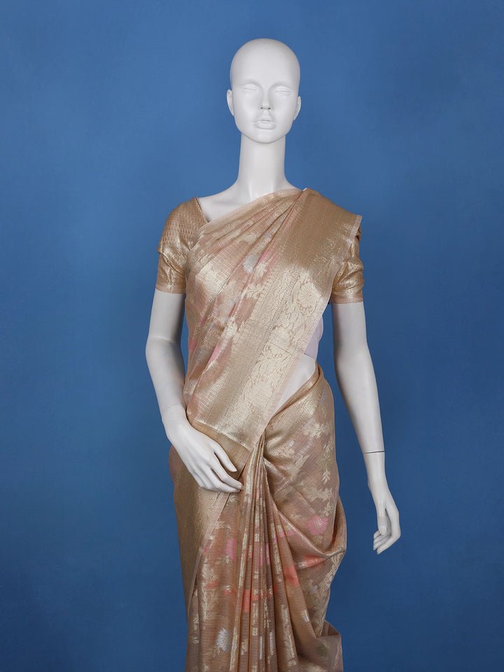 Champagne Gold Floral Design Semi Tissue Saree - Diadem