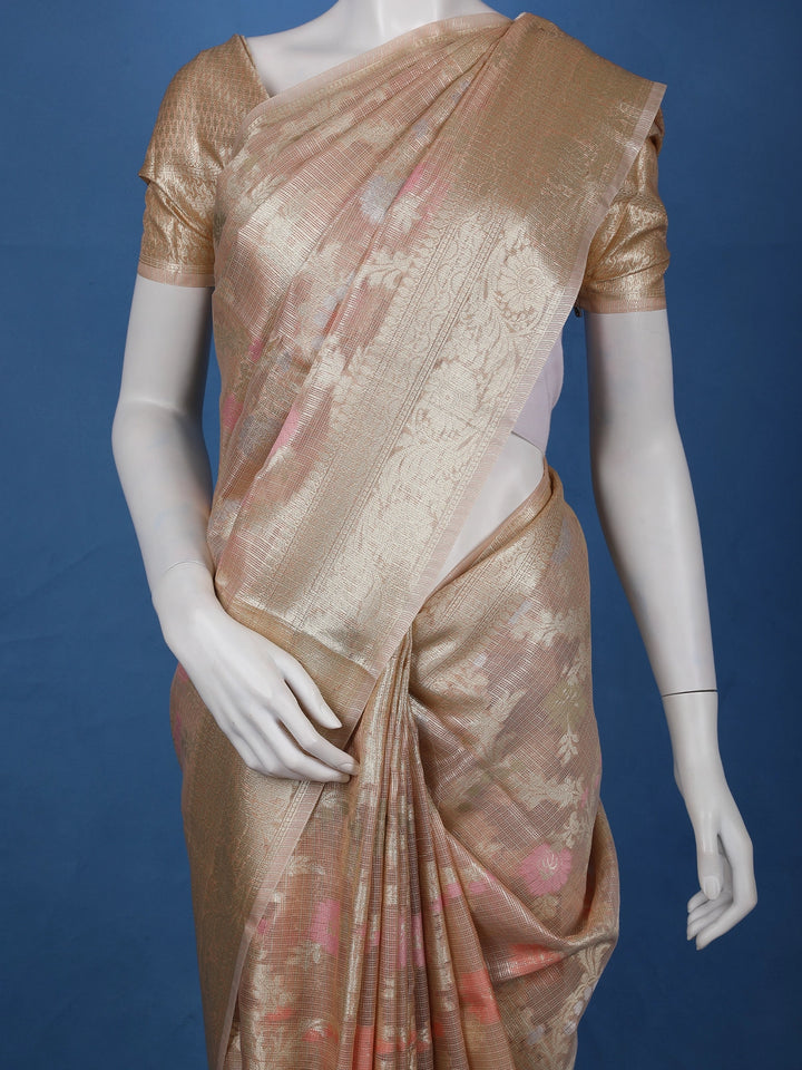 Champagne Gold Floral Design Semi Tissue Saree - Diadem