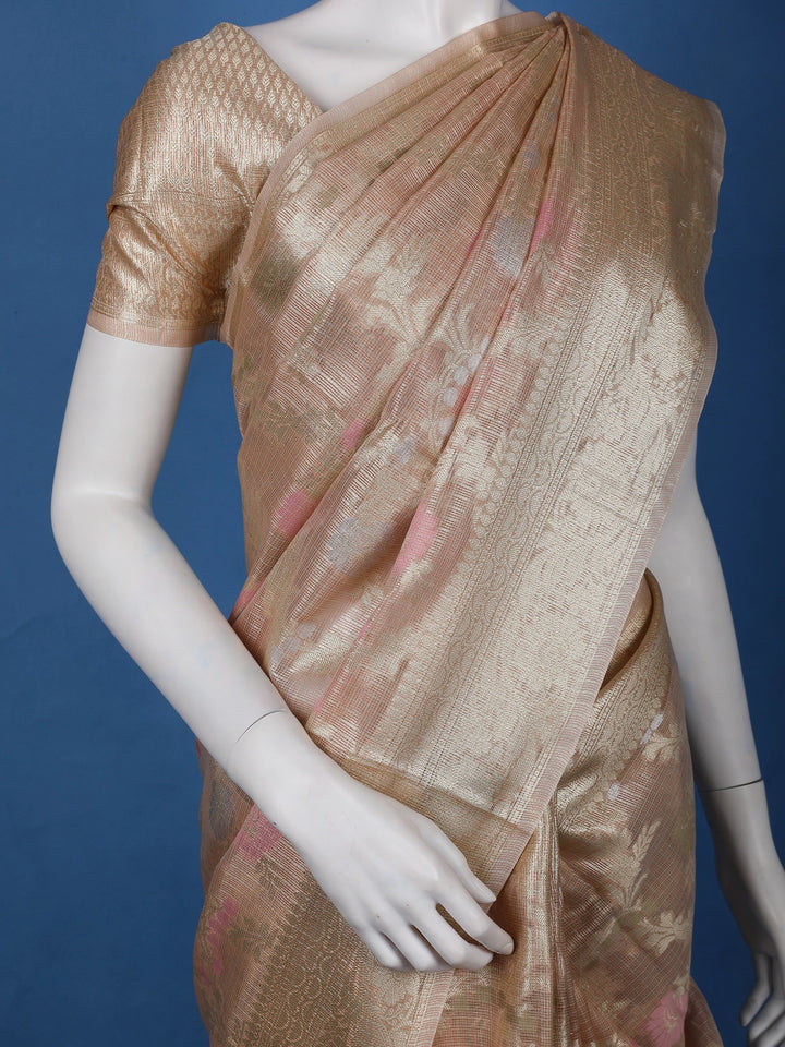 Champagne Gold Floral Design Semi Tissue Saree - Diadem