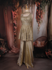 Champagne Gold Floral Sequins Embroidered Design Tissue Peplum Palazzo Suit with Dupatta