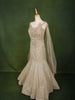 Champagne Gold Geometric Sequins and Beads Embroidered Design Net Mermaid Bridal Lehenga with Designer Corset Blouse and Cape Sleeves