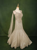 Champagne Gold Geometric Sequins and Beads Embroidered Design Net Mermaid Bridal Lehenga with Designer Corset Blouse and Cape Sleeves