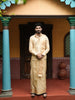 Champagne Gold Geometric Zari Woven Design Semi Silk Shirt with Zari Border Matching Dhoti and Angavastram Set