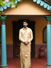 Champagne Gold Geometric Zari Woven Design Semi Silk Shirt with Zari Border Matching Dhoti and Angavastram Set