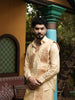 Champagne Gold Geometric Zari Woven Design Semi Silk Shirt with Zari Border Matching Dhoti and Angavastram Set