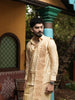 Champagne Gold Geometric Zari Woven Design Semi Silk Shirt with Zari Border Matching Dhoti and Angavastram Set