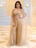 Champagne Gold Heavy Sequins and Zardozi Emabroidered Design Net Palazzo Suit With Cape Style Over Coat